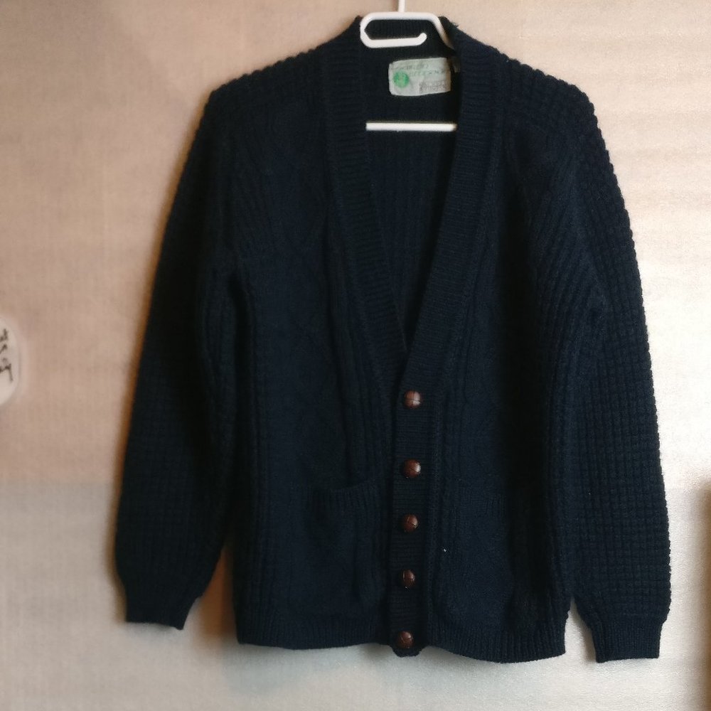 Handloomed in Ireland 100% Wool Chunky Coastal Cardigan Vintage Donegal GREEN